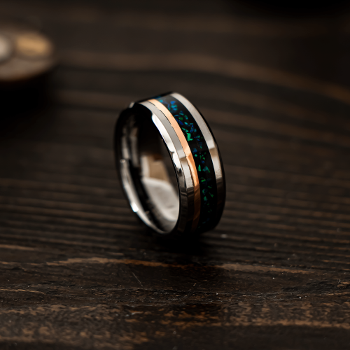ndmade silver and copper and green black opal tungsten ring