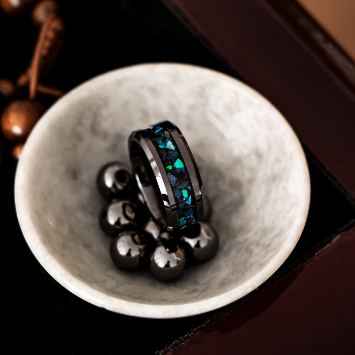 Black opal chalcedony abalone Handmade Ring