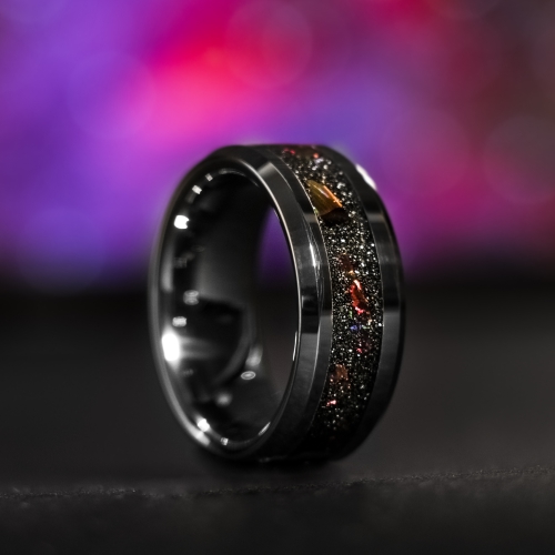 Modern inlay ring including black opals and rare silver sands of Hengam island
