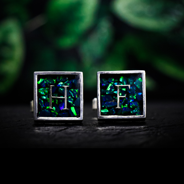 set of monogrammed inlay cufflinks with black opal inlaid